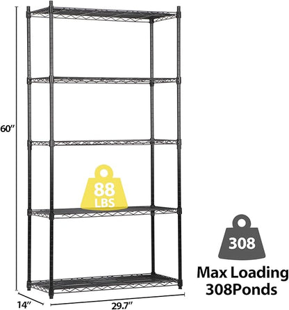 SUPER DEAL Black 5-Shelf Heavy Duty Storage Wire Shelving Unit for Restaurant Garage Pantry Kitchen Garage Rack (30L x 14W x 60H)