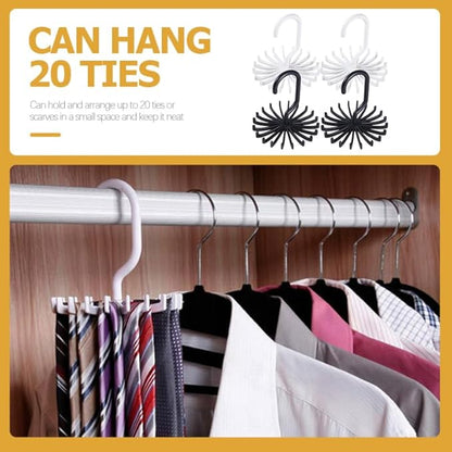 Solustre 4-Pack Rotating Plastic Tie Rack with Belt Hooks Space-Saving Closet Organizer for up to 20 Neckties and Belts Multi-Functional Hanging Storage Solution for Home and Travel