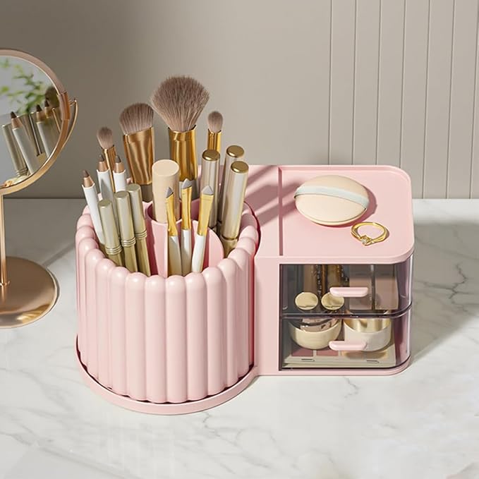 Makeup Organizer Countertop,360 Rotating Makeup Brush Holder With 2 Drawers,Small Preppy Organizer |9.25x5.11inch|Pink