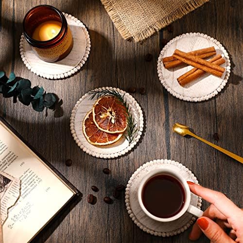 Honeydak 4 Pcs Wooden Coasters Set Round Beaded Coaster 4.7in, Beige - Image 3