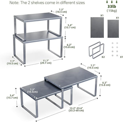 Simple Trending Cabinet Organizer Shelf, Set of 2 Kitchen Counter Shelves, Kitchen Storage, Stackable, Expandable, Metal Spice Rack for Cupboard, Bathroom, Desk, Pantry, Silver
