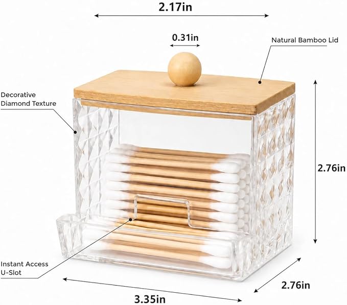 Diamond Pattern Cotton Swab Holder with Bamboo Lid - Clear Bathroom Vanity Organizer, Shatterproof U-Slot Swab Dispenser, Apothecary Jar for Cotton Swabs & Countertop Storage