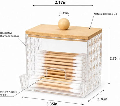 Diamond Pattern Cotton Swab Holder with Bamboo Lid - Clear Bathroom Vanity Organizer, Shatterproof U-Slot Swab Dispenser, Apothecary Jar for Cotton Swabs & Countertop Storage