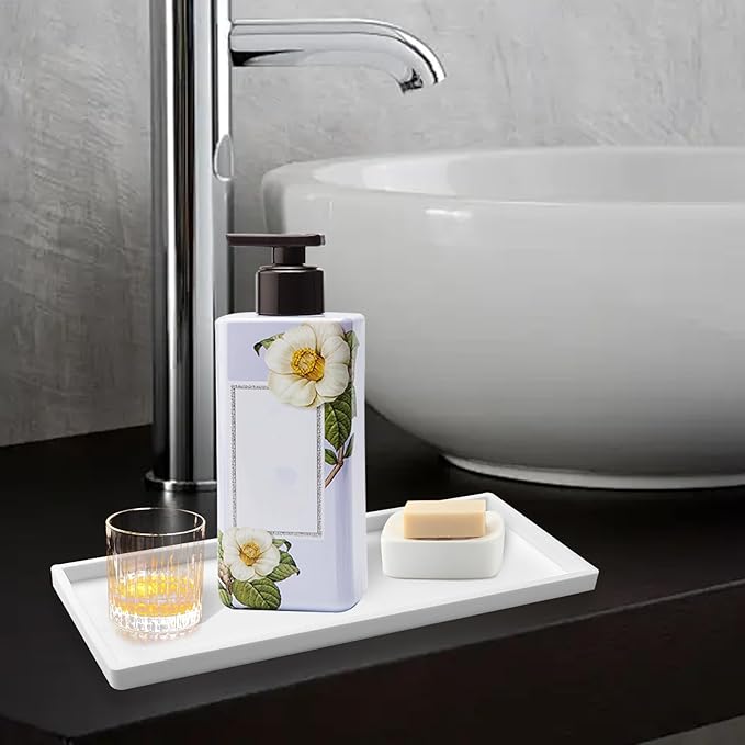 2 Pack Bathroom Tray Countertop, Large 12'' Shatterproof Silicone Vanity Tray Rectangular Toilet Tank Tray, Soap Dispenser Tray Sponge Holder for Kitchen Sink (White)