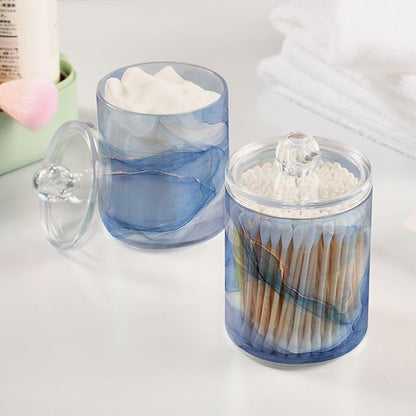 2 Pack Qtip Holder Dispenser Blue Marble Ink Modern Fluid Art (2) Bathroom Storage Canister Lid 10 oz Acrylic Plastic Apothecary Jar Set Vanity Makeup Organizer for Cotton Swab/Ball/Round Pads, Floss