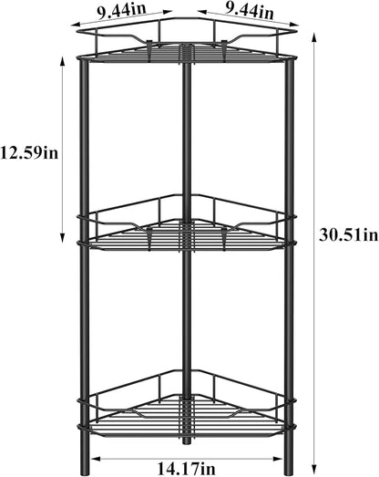 HuggieGems 3 Tier Floor Standing Corner Shower Caddy Organizer Shelf with Hooks, Bathroom Shelves Stand Rack, Matt Black