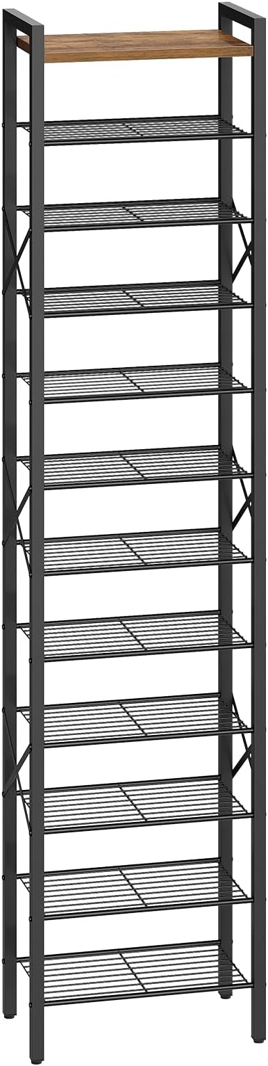 YATINEY 12-Tier Narrow Shoe Rack, Tall Shoe Rack for 12-24 Pairs, Slim Shoe Storage Organizer with Wooden Top, Space Saving, Metal Frame, for Entryway, Rustic Brown and Black SS61BR