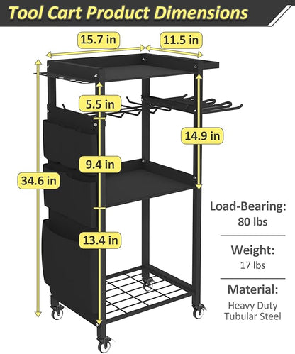 4-Tier Rolling Power Tool Organizer Storage Cart, Garage Organization on Wheels Tool Cart with Drill Set Rack Shelf, Mechanic Utility Cart for Workbench & Outdoors Working, Gift for Men Dad