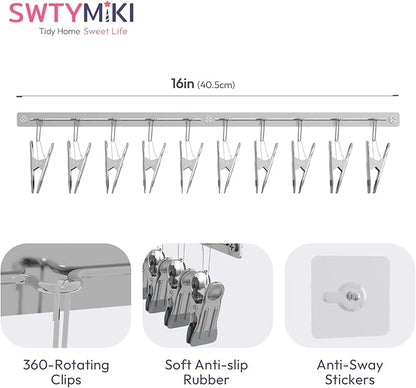 SWTYMIKI Hat Organizer for Baseball Caps - 2 Pack Hat Rack for Wall with Strong Adhesive and 10 Clips, Storage Display Holds up to 20 Caps for Bedroom, Closet, Two Mounting Option（Silver）