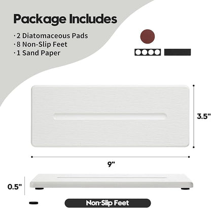2 Pack Diatomite Stone Sink Tray, Water Absorbing Mat for Kitchen & Bathroom Counter, Quick Dry Soap Dish Makeup Vanity Caddy,Sponge Holder Organizer, White - 2pcs of 9"x 3.5"