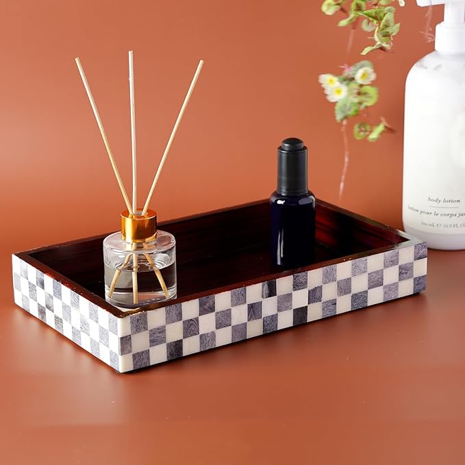 Handicrafts Home Small White & Black Bathroom Tray, Vanity Tray for Countertop & Kitchen Sink Decor, Decorative Napkin Holder, Vanity Tray for Cosmetics Organizer, Guest Towel Holder - Checkered 10x6