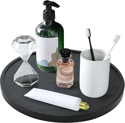 Black Wooden Bathroom Vanity Counter Tray Decor Round Perfume Dresser Trays Kitchen Sink Soap Dish Dispenser Holder Large Wood Lazy Susan Turntable for Table Rotating Bathroom Organizer Accessories
