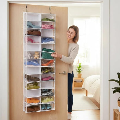 Over the Door Sweatshirt Organizer Hanging Clear Door Shoe Organizer with 26 Pocket Foldable Heavy Duty Toy Storage, Over the Hoodie