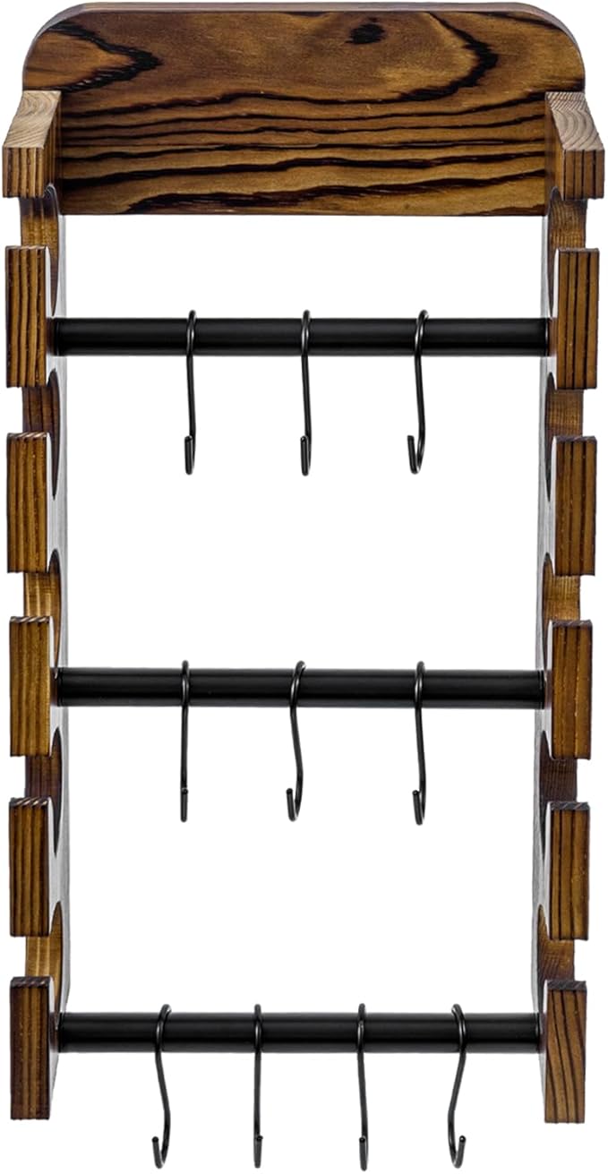 MyGift Baseball Cap Organizer Wall Mounted, Hat Display and Accessories Rack, Baseball Cap Holder with 10 Removable Hanging S-Hooks, Rustic Burnt Solid Wood and Matte Black Metal