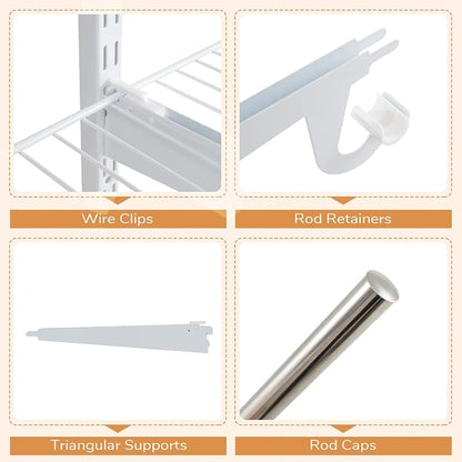 Giantex Closet Organizer System, Wall-mounted Custom Closet Kit w/Adjustable Storage Shelves, Wardrobe Clothes Rack w/Hanging Rods, Perfect for Coats, Pillows, Blanket (White, 98.5"x13.5"x48)