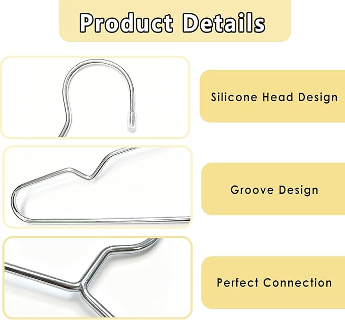50 Pack Stainless Steel Space Saving Hangers with Grooves - 16.4 Inch Non-Slip Coat Hangers for Sling Dress Clothes Shirt Pant