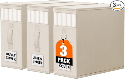 WOWBOX Sheet Organizers and Storage,Closet Bed Sheet Organizer Under Bed Storage and Organization with Label Cards & Clear Window for Bedding Sheets,Duvet Covers,Blankets (3 Pack，Beige)