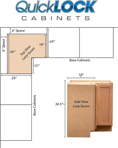 Quicklock RTA (Ready-to-Assemble) | Base Kitchen Cabinets - Shaker Style | Made in America (Raw Cherry, 18" D x 30" W x 34.5" H Lazy Susan)