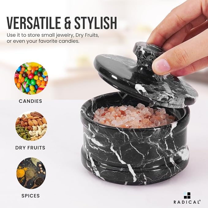 Radicaln Marble Salt Cellar with Lid 4" Inch Black Handmade Table Salt Container & Sugar Bowl For Kitchen Countertop, Ideal Salt Dish & Salt Jar for Celtic Salts