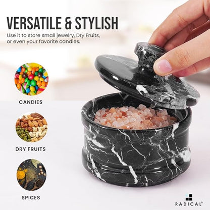 Radicaln Marble Salt Cellar with Lid 4" Inch Black Handmade Table Salt Container & Sugar Bowl For Kitchen Countertop, Ideal Salt Dish & Salt Jar for Celtic Salts