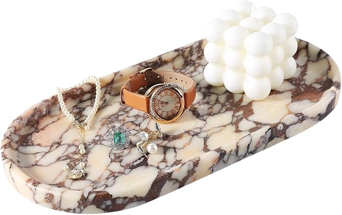 Koville Natural Decorative Marble Bathroom Tray, 12"x6" Calacatta Viola Marble Catchall Tray for Bathroom, Stone Perfume Trays Jewelry Dish, Stone Storage Trays for Home Decor（Textural Differences）