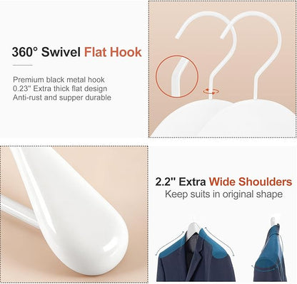 TOPIA HANGER White Wooden Coat Hanger 6 Pack, Wood Suit Hangers,Glossy Finish with Extra-Wide Shoulder, Thicker White Hooks & Anti-Slip Bar,Suitable for Coat, Suit,Dress,Jacket,Heavy Cloth - CT02W