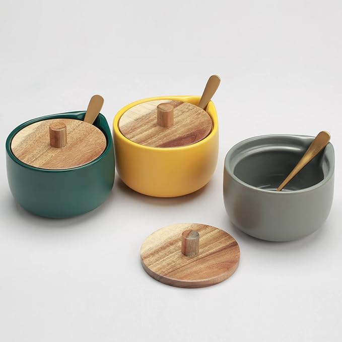 everous Salt Box base grey color Salt Cellar Elegant Design salt Boxes Big Capacity Wood lid grey Ceramic Base with spoon salt pot