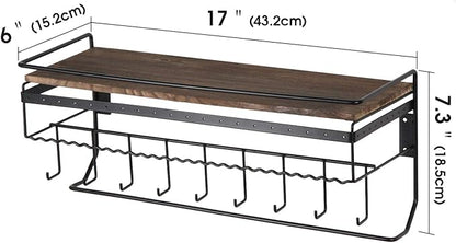 JackCubeDesign Hanging Jewelry Organizer with 9 Hooks, Wall Mount Necklace Earring Bracelet Sunglass Holder with Torched Wood Shelf (Black Metal) - MK237C