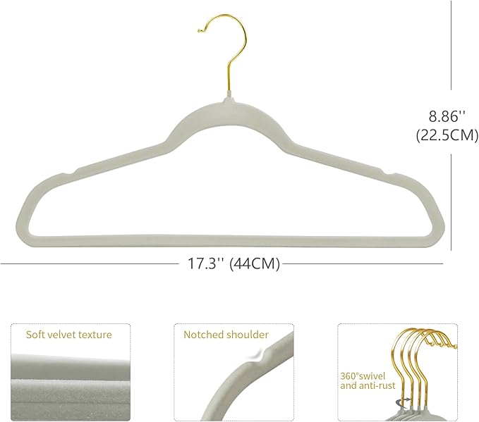 ManGotree Velvet Coat Hangers with 360° Swivel Gold Hook, Non-Slip Felt Suit Hangers, Slim Space Saving Clothes Hanger for Jacket, Sweater, Shirt, Dress, Pants (48 Pack, Grey)