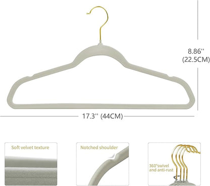 ManGotree Velvet Coat Hangers with 360° Swivel Gold Hook, Non-Slip Felt Suit Hangers, Slim Space Saving Clothes Hanger for Jacket, Sweater, Shirt, Dress, Pants (48 Pack, Grey)