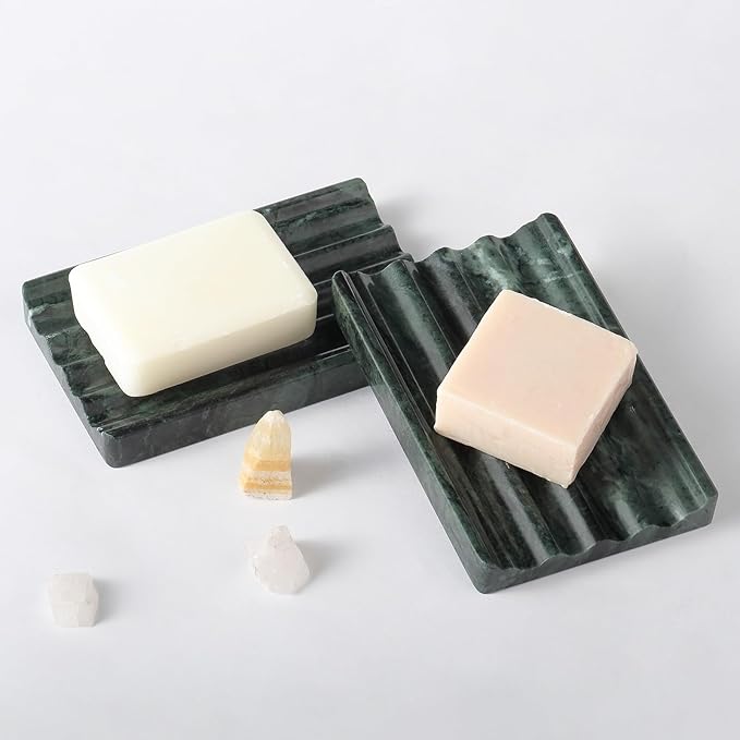 Koville Indian Natural Marble Soap Dish for Shower, Stone Soap Tray for Bathroom, Bar Soap Holder for Sink, Stripe Grooves Saver Sponge Holder Keep Soap Bars Dry Easy Clean (Verde Alpi)