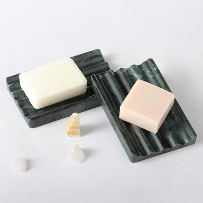 Koville Indian Natural Marble Soap Dish for Shower, Stone Soap Tray for Bathroom, Bar Soap Holder for Sink, Stripe Grooves Saver Sponge Holder Keep Soap Bars Dry Easy Clean (Verde Alpi)