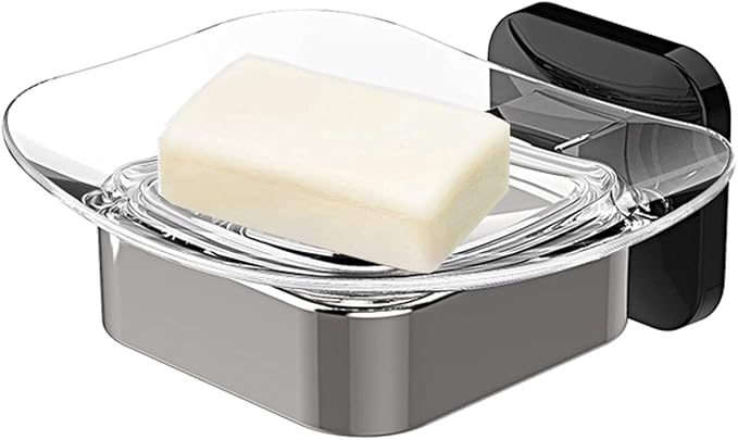 Shower Soap Holder, Wall Mounted Soap Dish, Soap Saver, Soap Tray, Bar Soap Holder for Shower Bathroom & Kitchen Accessories (Black + Chrome, 4.49×4.33in)