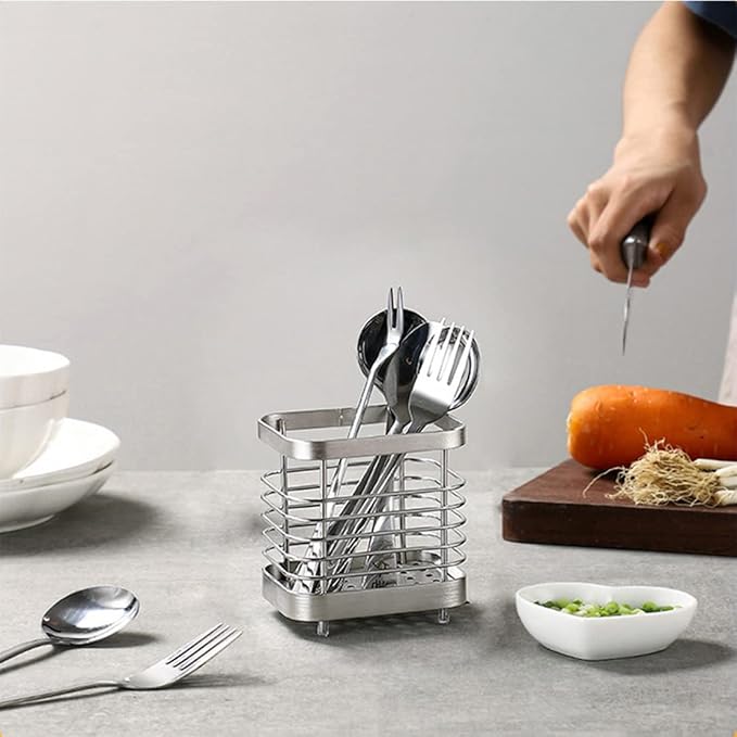 Utensil Holder, Stainless Steel Sink Utensils Holder Countertop, Kitchen Utensil Drying Caddy, Cutlery Drainer for Utensil, Rust-Proof Cutlery Sink Organizer (Silver)
