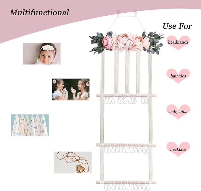 Headband Holder Bow Organizer for Girls, Hair Clips Bows Holder Baby Headbands Storage Personalized Hair Accessories Storage Organizer Wall Hanging Decor for Nursery Room Closet