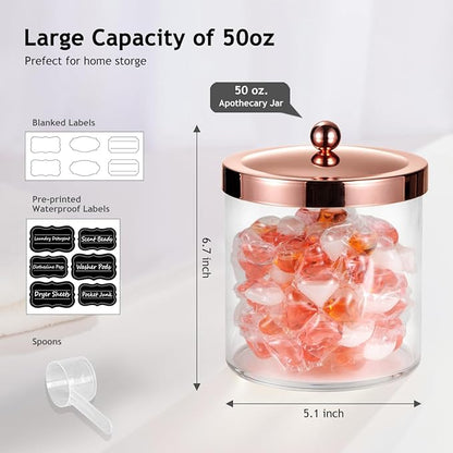 SheeChung 4 Pack 50 Oz Large Apothecary Jar with Rose Gold Rust-Proof Lid - Shatterproof Plastic Laundry Pods Container - Chic Rose Gold Bathroom & Vanity Storage Organizer for Scent Beads, Salts