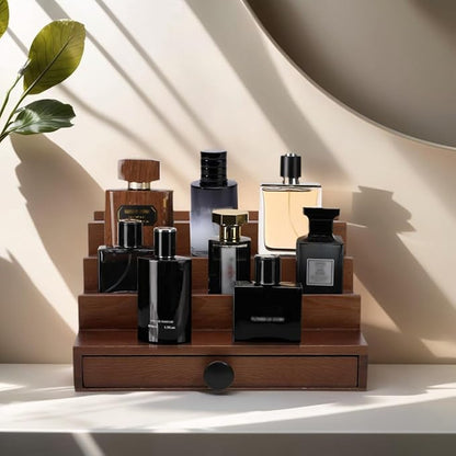 Walnut Cologne Organizer for Men - 4 Tier Wooden Cologne Perfume Display Stand with Drawer and Hidden Compartment, Mens Cologne Holder Shelf for Organizing and Storing