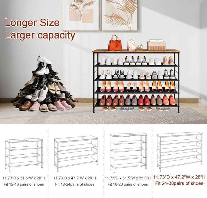 INGIORDAR Shoe Rack Organizer 5 Tier Metal Organizer Shelf with Industrial MDF Board and Layer Fabric for Entryway Closet Bedroom Living Room Garage (Black+Rustic Brown, 5 Tier(47.2" W))