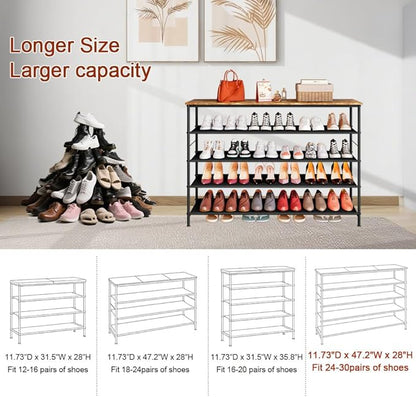 INGIORDAR Shoe Rack Organizer 5 Tier Metal Organizer Shelf with Industrial MDF Board and Layer Fabric for Entryway Closet Bedroom Living Room Garage (Black+Rustic Brown, 5 Tier(47.2" W))