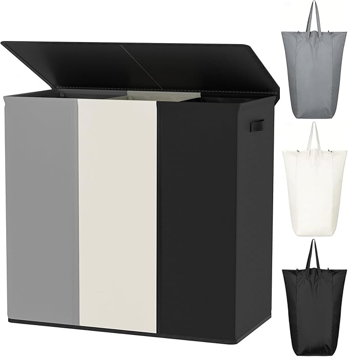 WOWLIVE 180L Laundry Hamper with Lid 3 Section,Large Laundry Basket with Removable Bags and Handles,Collapsible Dirty Clothes Hampers for Laundry,Laundry Basket Organizer for Laundry Room,Dorm