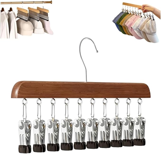 Closet Organizer with 10 Clips, Space Saving Hanging Closet Organizers Adjustable Wooden Legging Organizer for Closet, Stainless Steel Pants Hanger with Clips for Women Men (Brown, 1pcs)