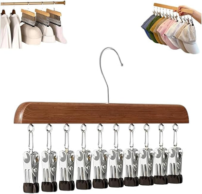 Closet Organizer with 10 Clips, Space Saving Hanging Closet Organizers Adjustable Wooden Legging Organizer for Closet, Stainless Steel Pants Hanger with Clips for Women Men (Brown, 1pcs)