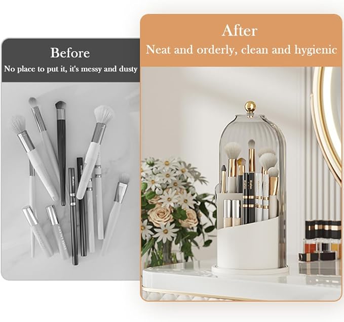 Makeup Brush Holder Organizer with Lid, 360° Rotating Clear Dustproof Cosmetics Storage, Makeup Brushes Cup Pen Holder for Vanity Desktop Bathroom Countertop (Clear White Cap)