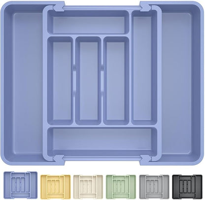 Caperci Large Silverware Organizer for Kitchen Drawer & Utensils - Expandable Drawer Organizer for Cutlery, Flatware & Gadget, BPA-Free Thick Plastic, Wider Compartments & Non-skid Feet (Breezy Blue)