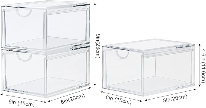 CECOLIC 2 Pack Stackable Cosmetic Organizer Drawers, Clear Acrylic Makeup Storage Organizer Box, Plastic Storage Bins Vanity Container for Bathroom Countertop, Bedroom Dresser, Kitchen Cabinets