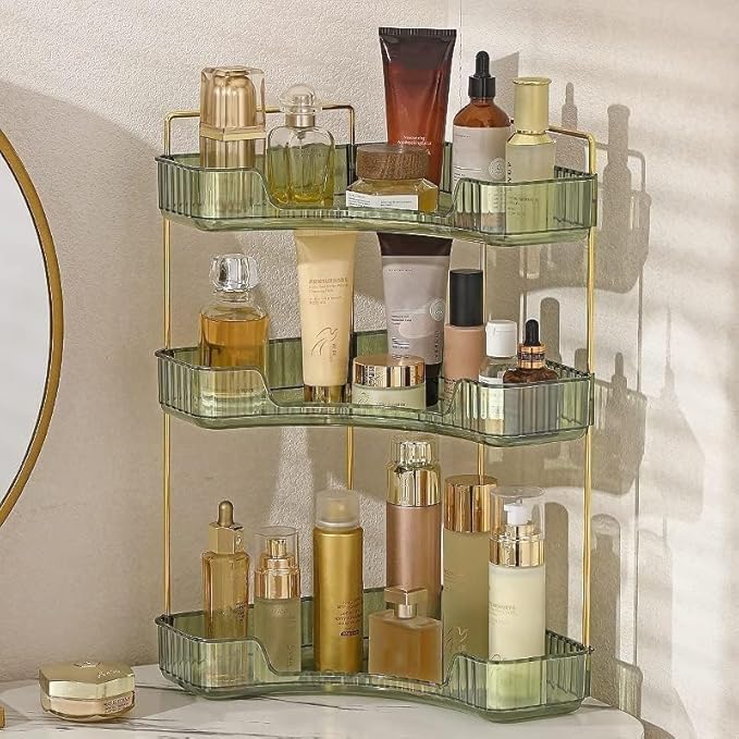 CESTATIVO Corner Bathroom Counter Organizer, Vanity Trays, Skincare Makeup Organizer, Bathroom Counter Shelf (3 Tiers, Green)