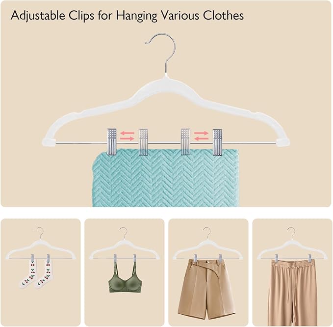 ManGotree Pants Hangers with Movable Clips, Non-Slip Velvet Skirt Hangers, Space-Saving Clothes Hangers for Pants, Skirts, Shirts, Coats, Dresses (32 Pack, White)
