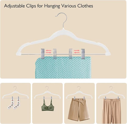 ManGotree Pants Hangers with Movable Clips, Non-Slip Velvet Skirt Hangers, Space-Saving Clothes Hangers for Pants, Skirts, Shirts, Coats, Dresses (32 Pack, White)