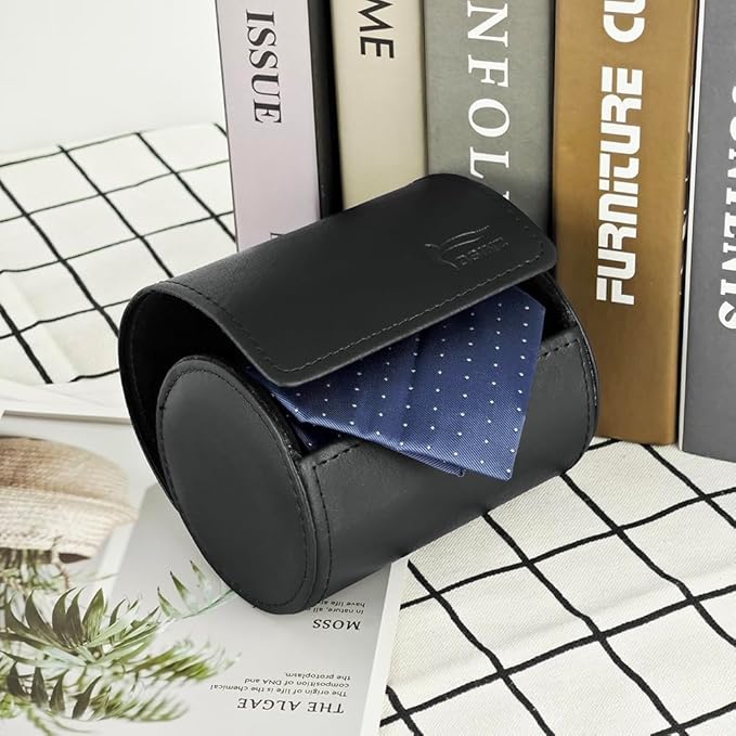 Leather Tie Case Box Organizer for Men's Necktie and Bow Tie Storage Travel Gift Box (round button, Black, 4.3" x 3.3" x 3.3")