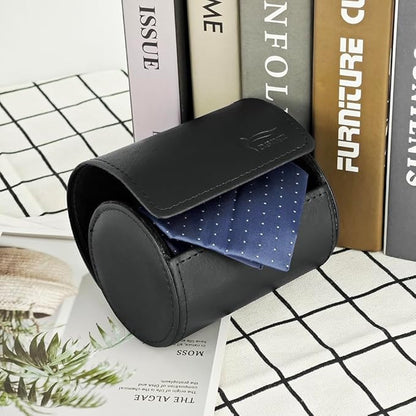 Leather Tie Case Box Organizer for Men's Necktie and Bow Tie Storage Travel Gift Box (round button, Black, 4.3" x 3.3" x 3.3")